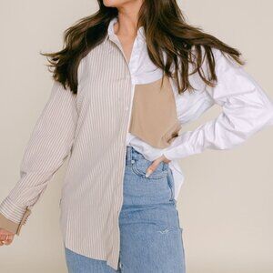 Oversized Button Up Shirt with Faux Bra Detail & Chain – Chic Layered Look